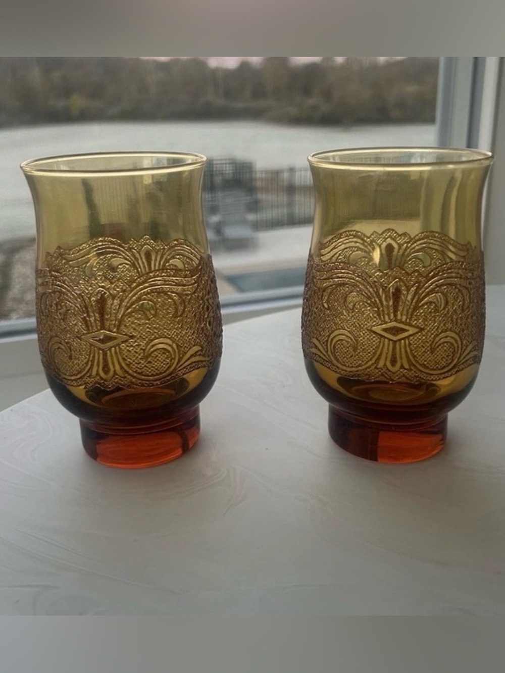 Libbey Americana Amber Lace embossed glass tumbler candle holder Boho